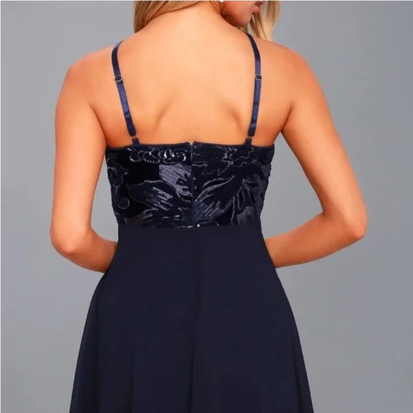 Lulus NWT Time of Love Navy Blue Sequin Halter Skater Velvet Burnout Mini Dress - Picture 3 of 12